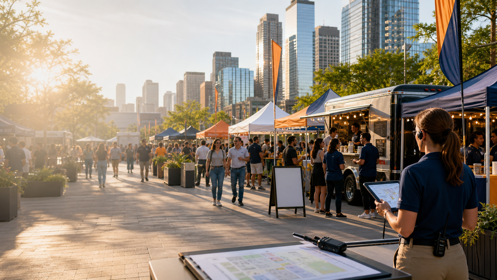 A city event plaza with food trucks, vendor tents, attendees, and operations staff coordinating the layout.